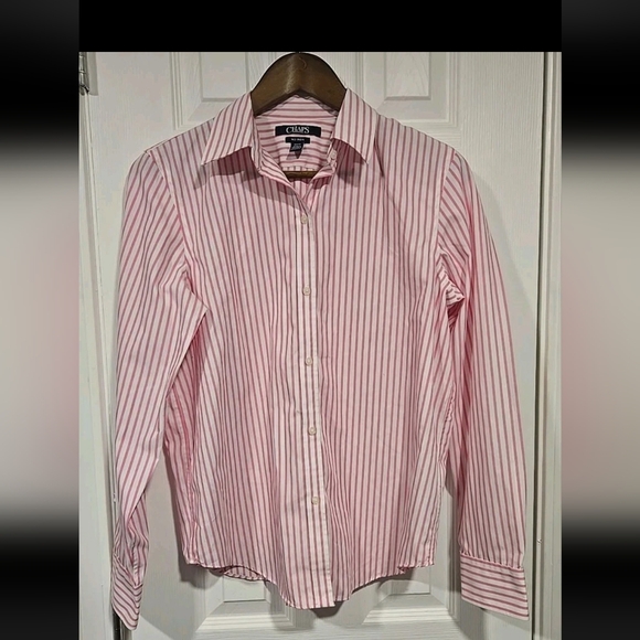 Chaps Tops - Chaps Women's M Button Up Shirt Pink White Stripes Cotton Preppy Coastal L.S